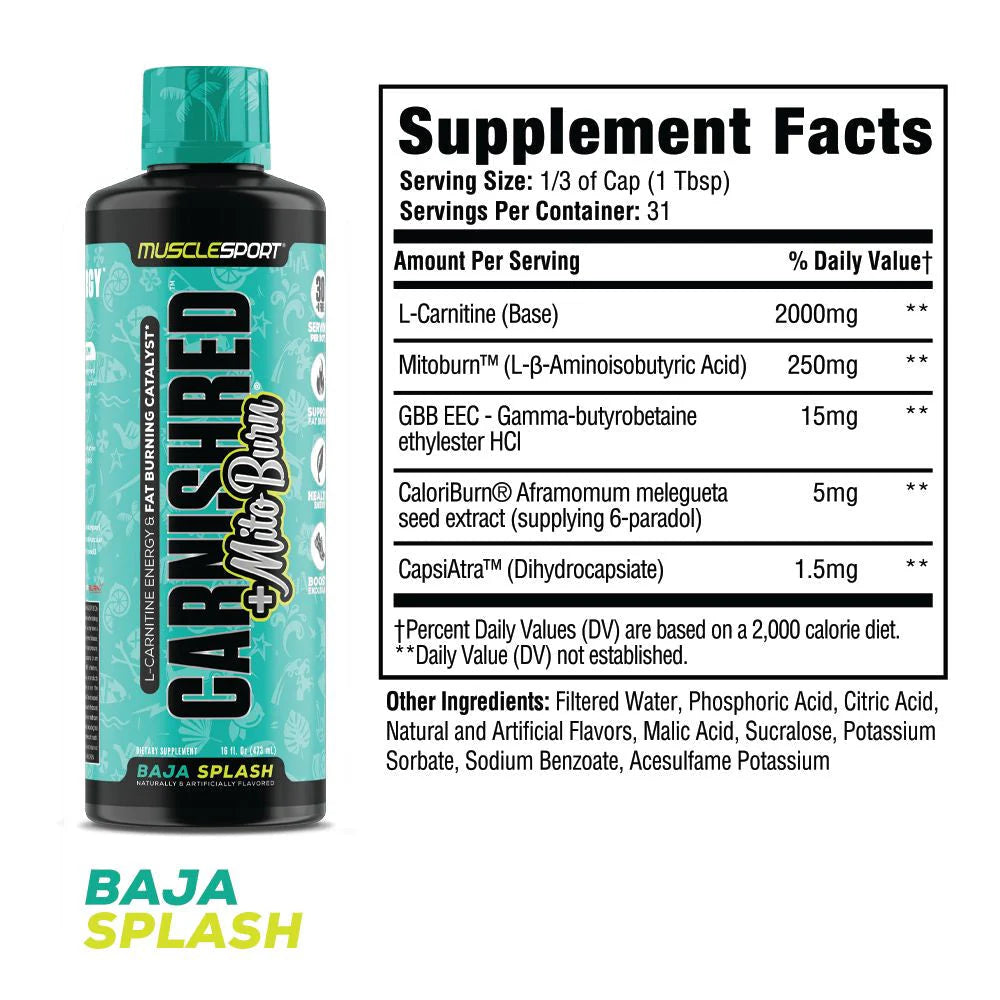 Muscle Sport CarniShred®+ Mitoburn® 16oz Liquid - Non Stim Metabolism Support, - Workout Catalyst