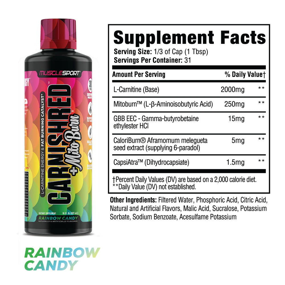 Muscle Sport CarniShred®+ Mitoburn® 16oz Liquid - Non Stim Metabolism Support, - Workout Catalyst